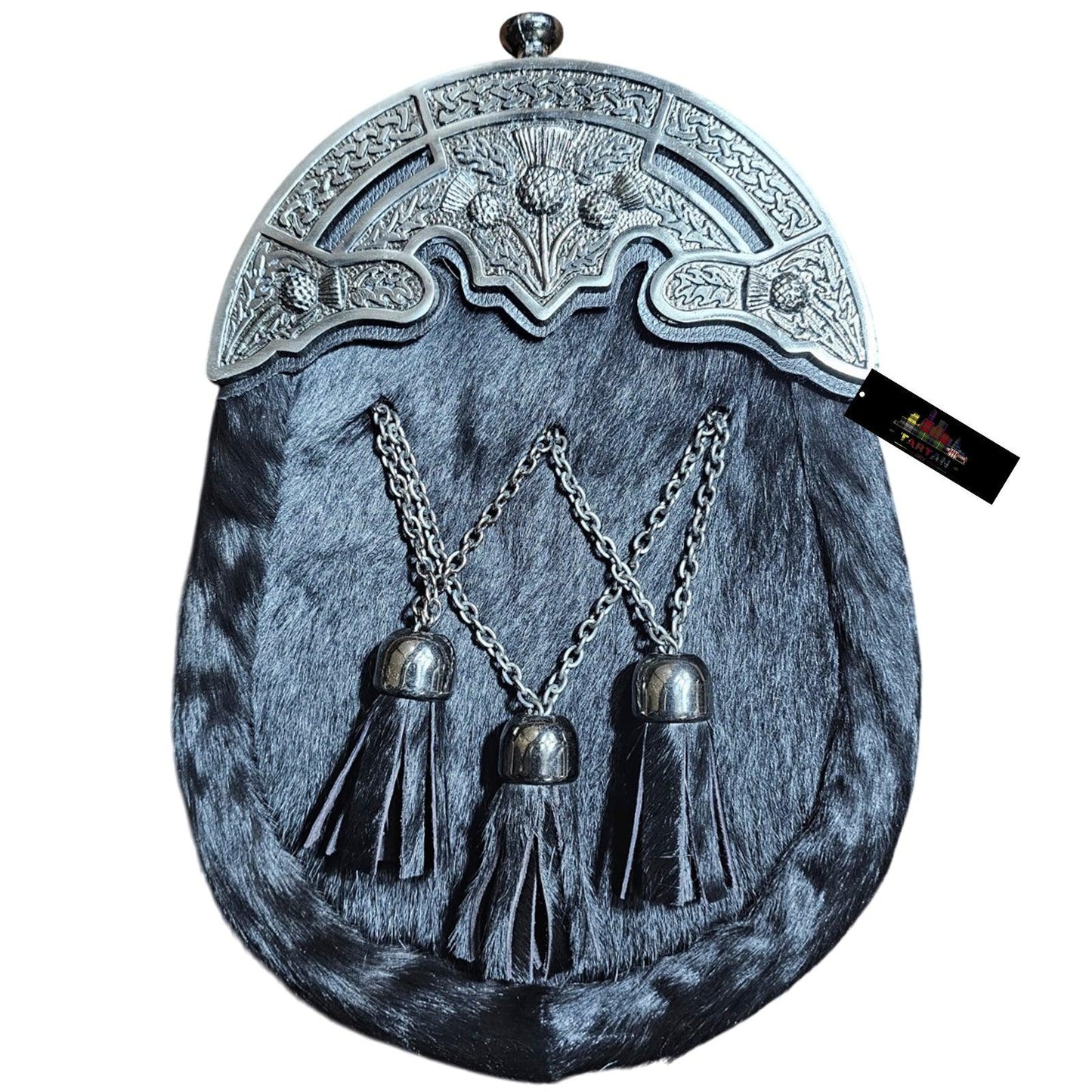 Black Bovine Fur Dress Sporran with Thistle Cantle – Traditional Scottish Kilt Accessory