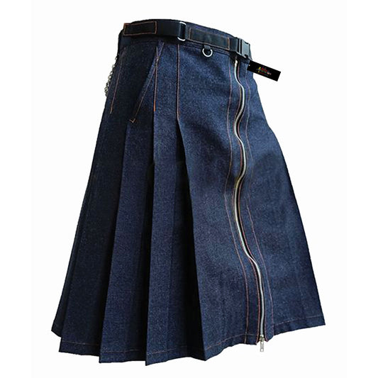 Men Navy Blue Denim Kilt – Modern Utility Skirt with Scottish Flair