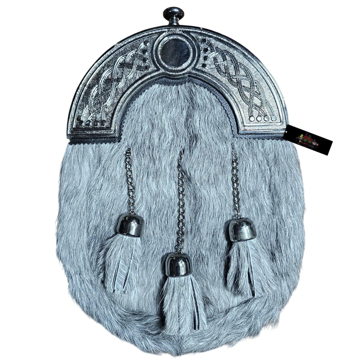 Scottish Grey Fur Dress Sporran with Chrome Celtic Cantle – Classic Highland Kilt Accessory
