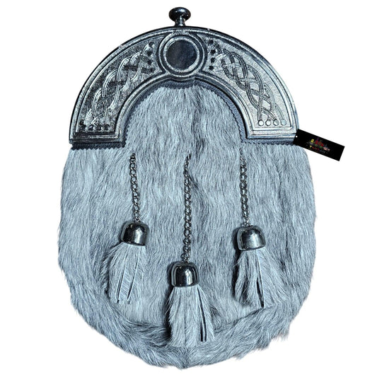Scottish Grey Fur Dress Sporran with Chrome Celtic Cantle – Classic Highland Kilt Accessory