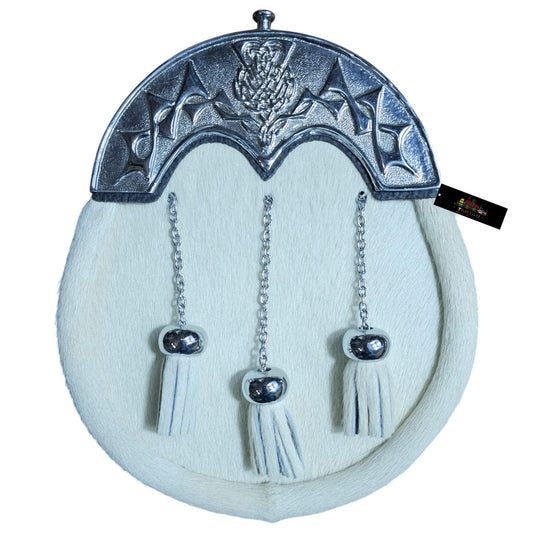 White Fur Dress Sporran with Rampant Chrome Cantle – Regal Highland Accessory for Kilt Attire
