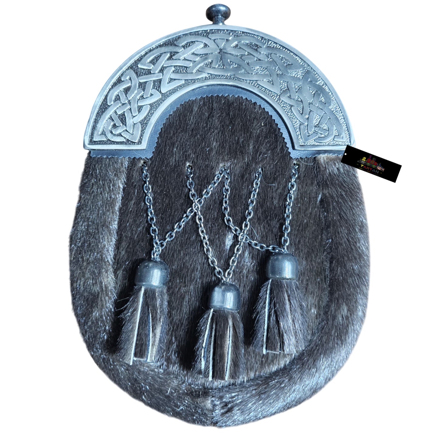 Black Fur Dress Sporran – Cross Tassel Design with Celtic Chrome Cantle | Traditional Highland Accessory