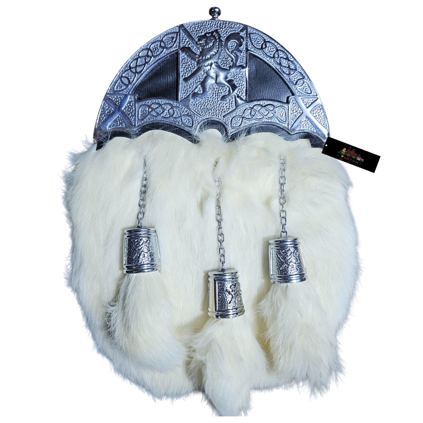 Lion Trumpet Chrome White Fur Sporran – Majestic Highland Dress Accessory