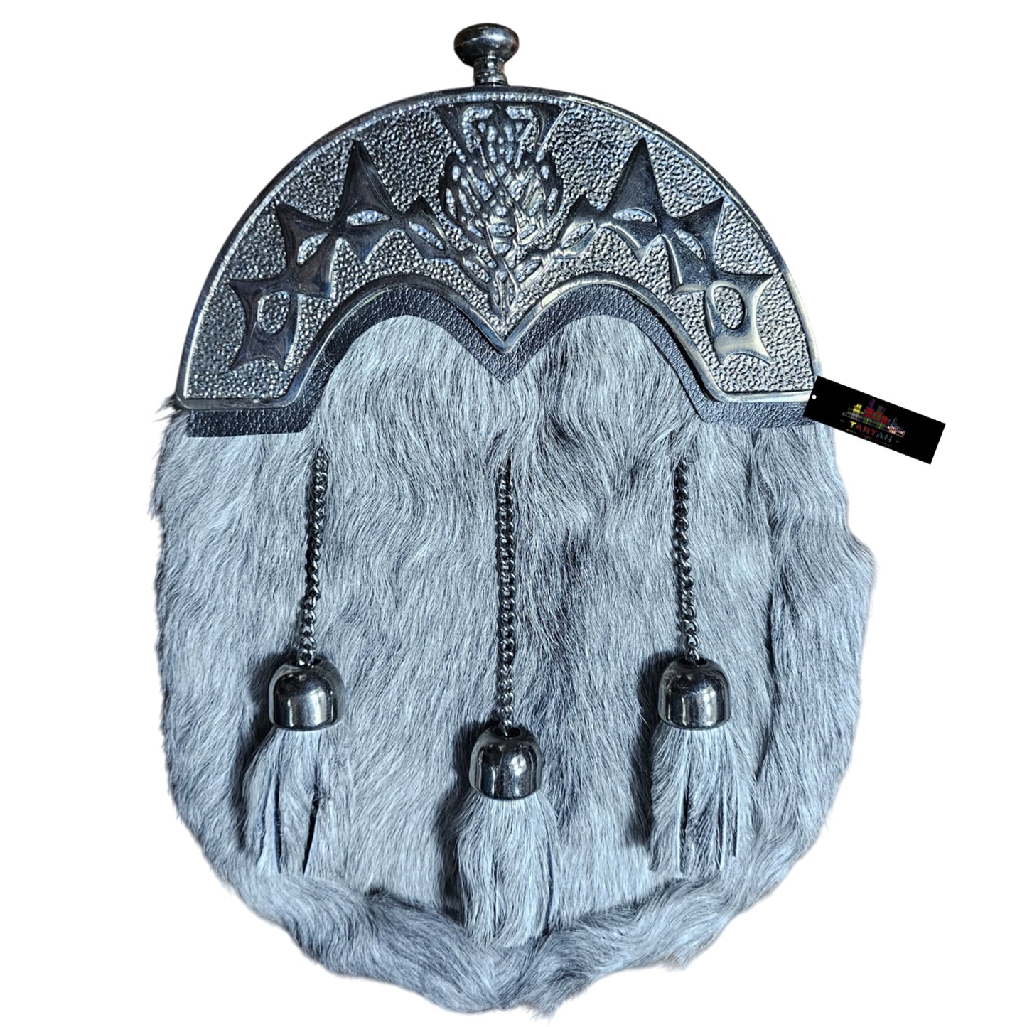 Grey Fur Dress Sporran with Chrome Celtic Thistle Cantle – Elegant Highland Kilt Accessory