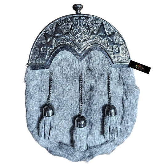 Grey Fur Dress Sporran with Chrome Celtic Thistle Cantle – Elegant Highland Kilt Accessory