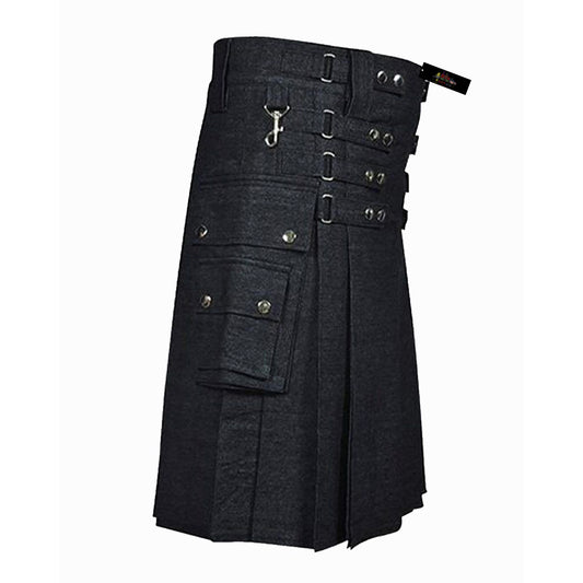 Men’s Black Denim Rugged Utility Kilt – Tactical Streetwear with Scottish Edge
