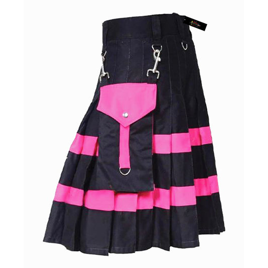 Men’s Black Denim Kilt with Pink Stripes – Bold Utility Kilt for Alternative Street Style