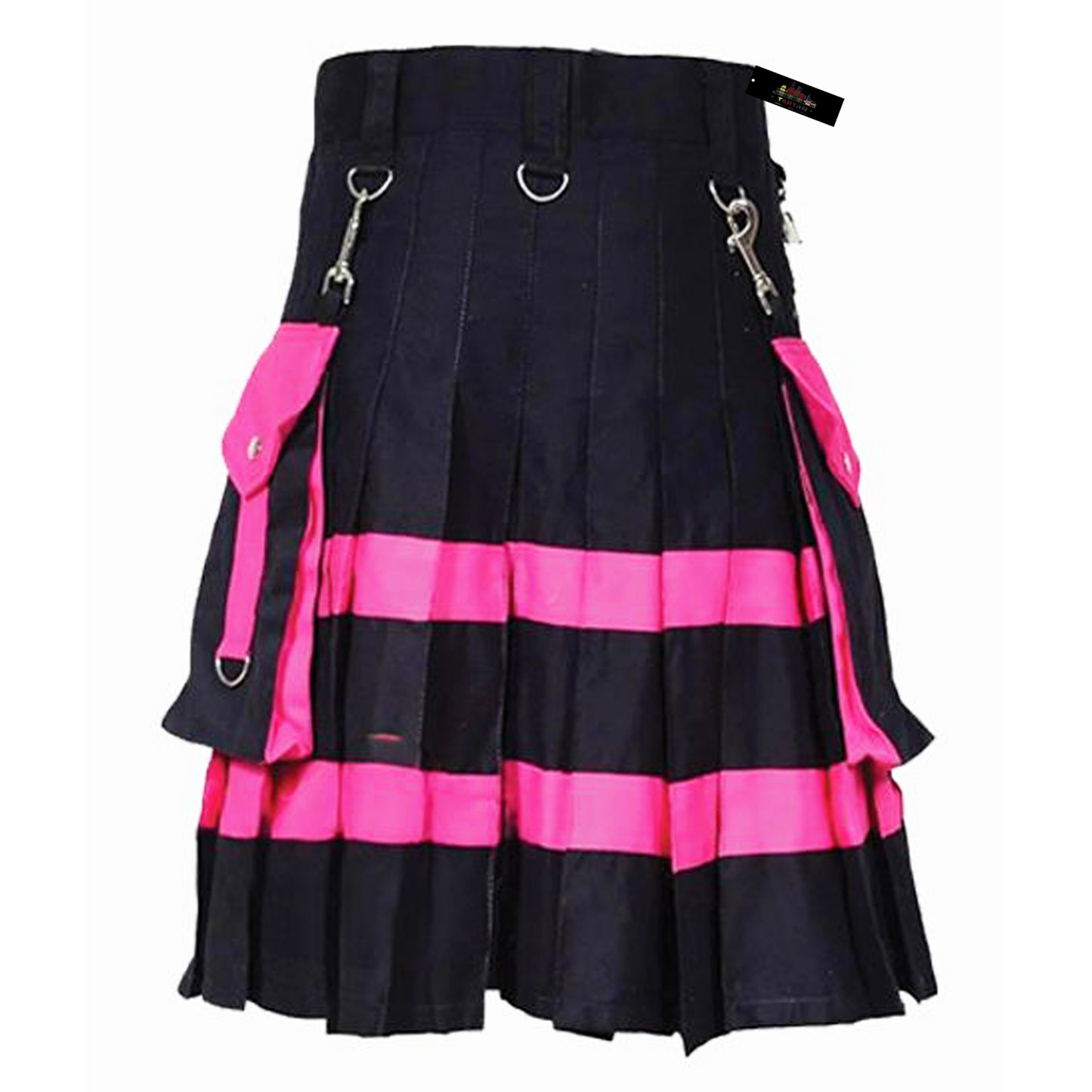 Men’s Black Denim Kilt with Pink Stripes – Bold Utility Kilt for Alternative Street Style