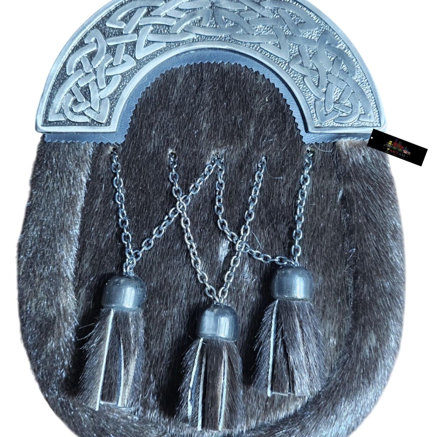 Black Fur Dress Sporran – Cross Tassel Design with Celtic Chrome Cantle | Traditional Highland Accessory