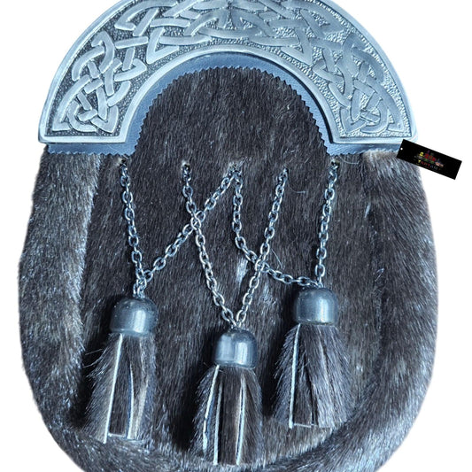 Black Fur Dress Sporran – Cross Tassel Design with Celtic Chrome Cantle | Traditional Highland Accessory