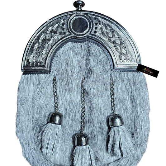 Scottish Grey Fur Dress Sporran with Chrome Celtic Cantle – Classic Highland Kilt Accessory