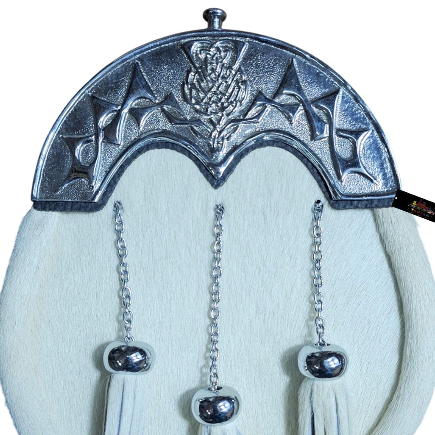 White Fur Dress Sporran with Rampant Chrome Cantle – Regal Highland Accessory for Kilt Attire