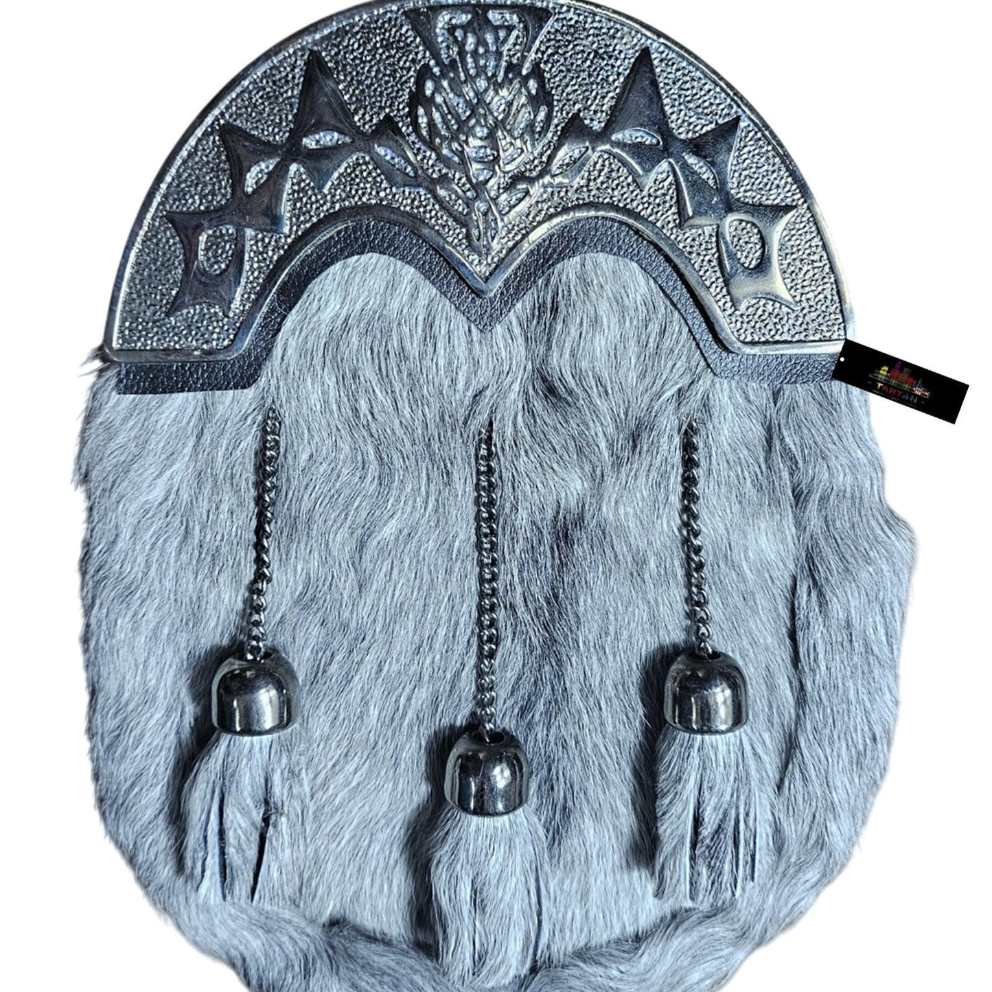 Grey Fur Dress Sporran with Chrome Celtic Thistle Cantle – Elegant Highland Kilt Accessory