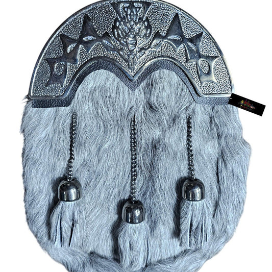 Grey Fur Dress Sporran with Chrome Celtic Thistle Cantle – Elegant Highland Kilt Accessory