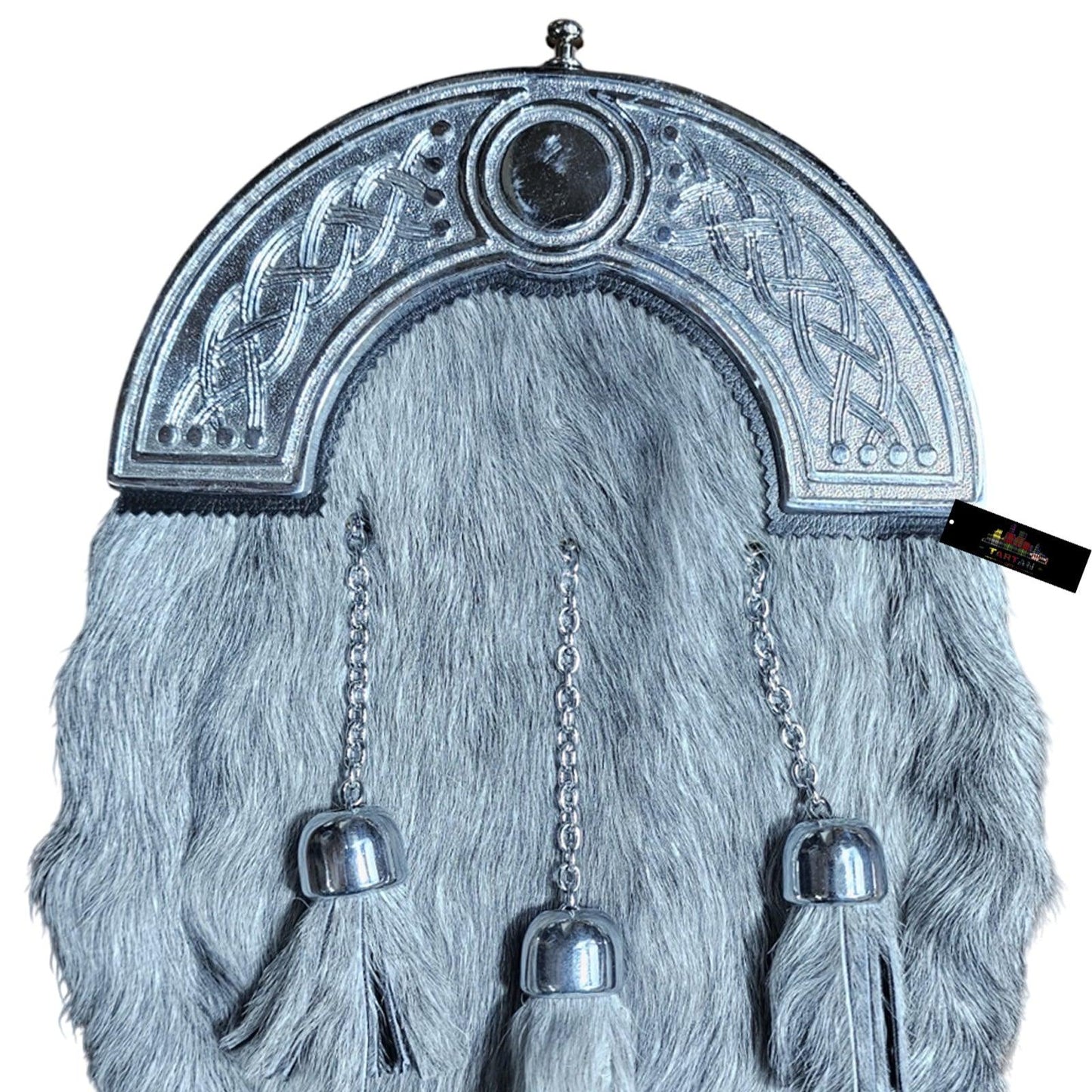 Grey Fur Dress Sporran with Chrome Celtic Knot Cantle – Elegant Highland Kilt Accessory