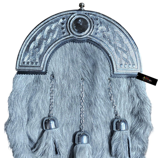Grey Fur Dress Sporran with Chrome Celtic Knot Cantle – Elegant Highland Kilt Accessory