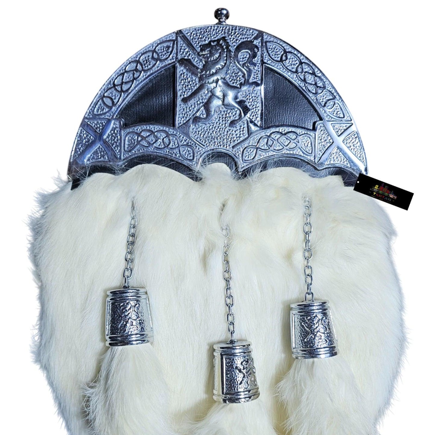 Lion Trumpet Chrome White Fur Sporran – Majestic Highland Dress Accessory