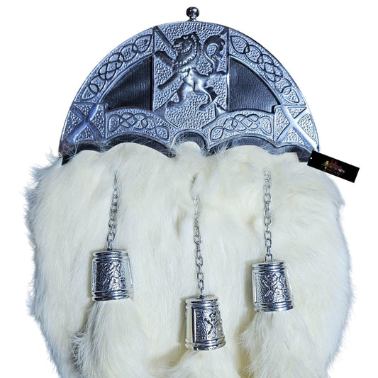 Lion Trumpet Chrome White Fur Sporran – Majestic Highland Dress Accessory