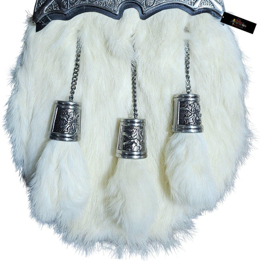 Rampant Lion White Fur Dress Sporran – Traditional Highland Accessory with Chrome Cantle