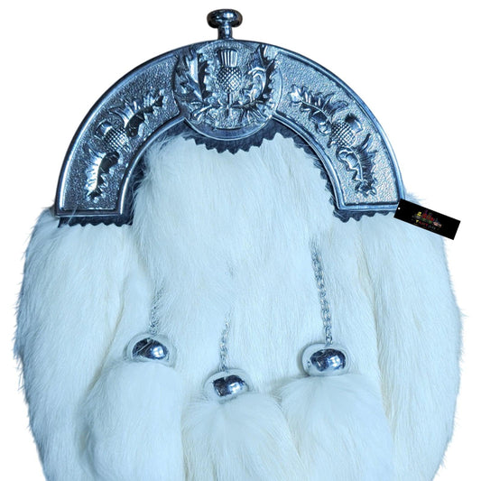 White Rabbit Fur Dress Sporran – Premium Formal Kilt Accessory with Celtic Chrome Cantle