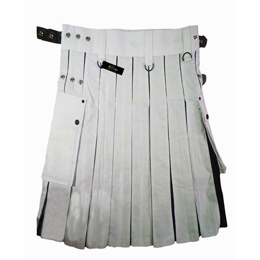 White Utility Kilt – Modern Tactical Kilt with Leather Straps & Cargo Pockets