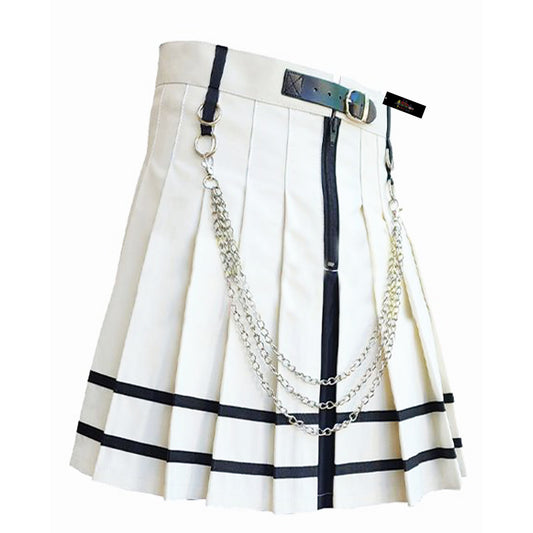 White Utility Kilt with Black Stripes & Chains – Men’s Streetwear Style