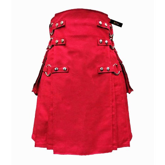 Rugged Men’s Utility Kilt – Bold Red with Cargo Pockets & Chains