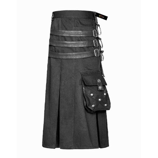 Men’s Black Utility Kilt – Rugged Style with Multi-Straps Closure & Cargo Pockets