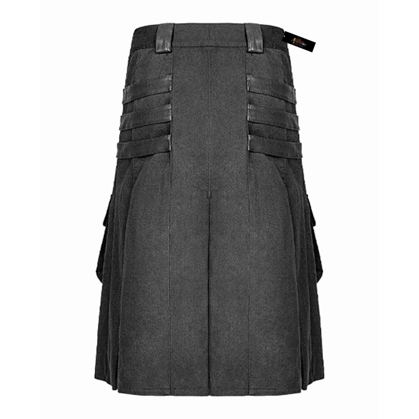Men’s Black Utility Kilt – Rugged Style with Multi-Straps Closure & Cargo Pockets