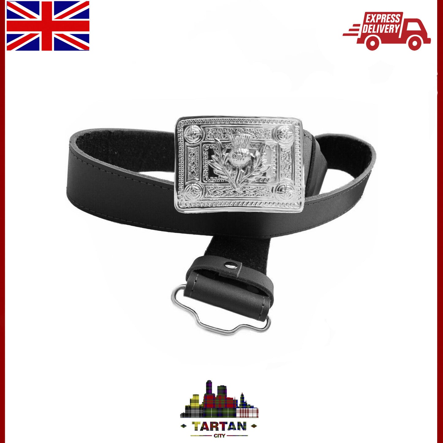 Men Premium Black Leather Kilt Belt – Celtic Thistle & Lion Buckle by Tartancity