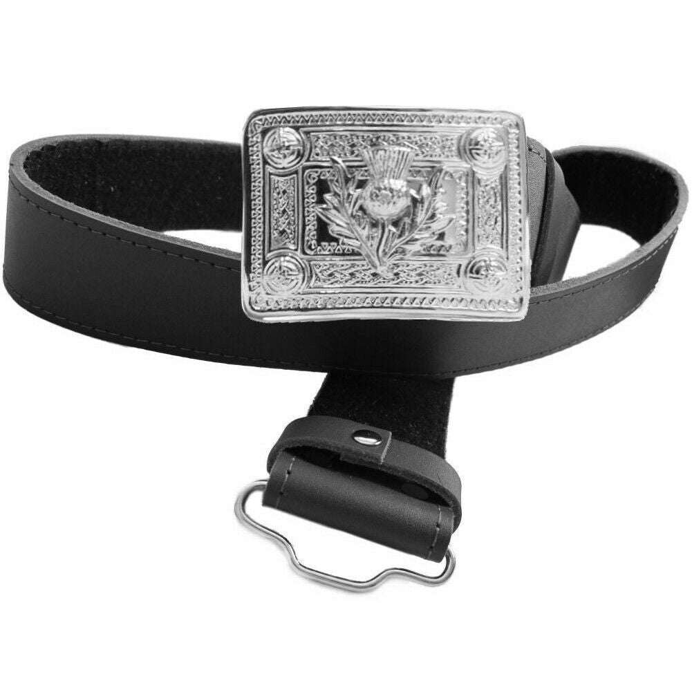 Scottish Black Leather Celtic Thistle & Lion Kilt Belts With Buckles