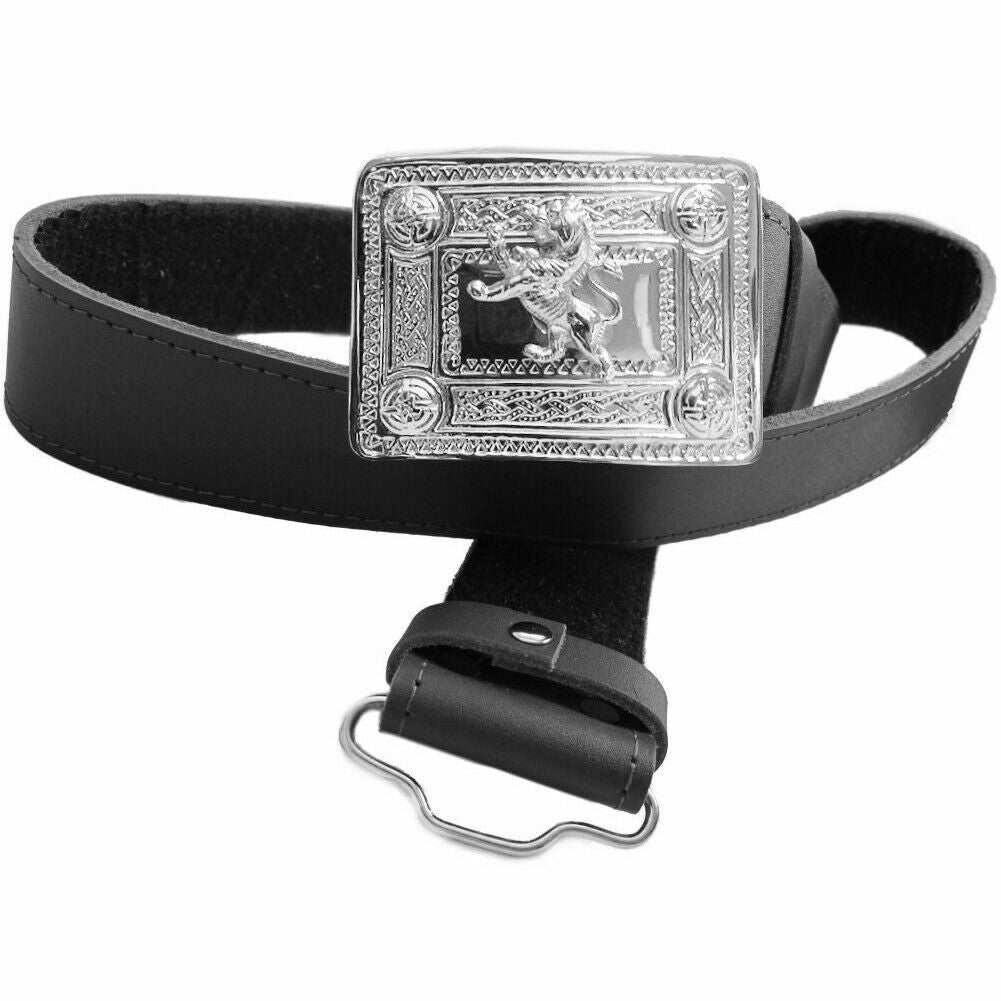 Scottish Black Leather Celtic Thistle & Lion Kilt Belts With Buckles