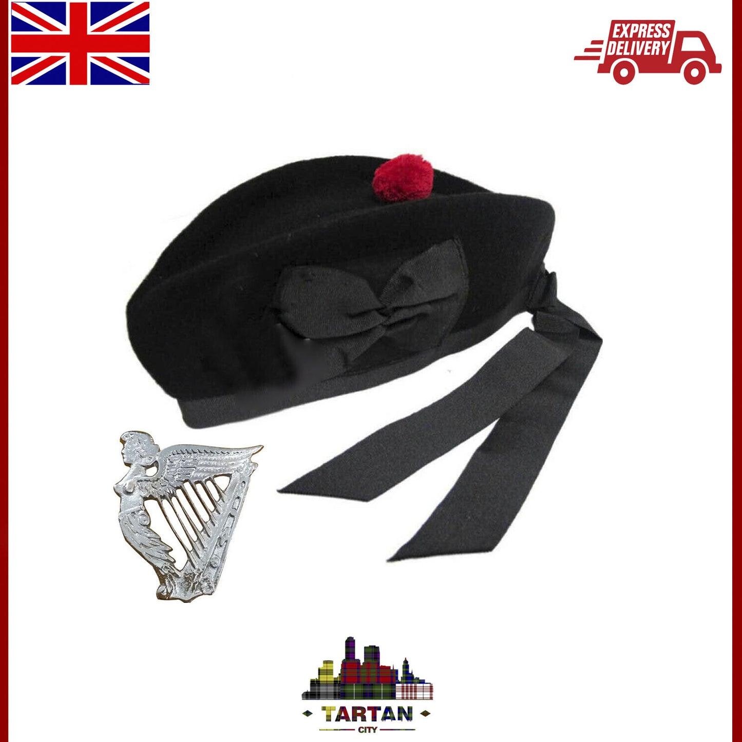 Scottish Highland Plain Glengarry Cap with Hat Badges Chrome Balmoral cap badges