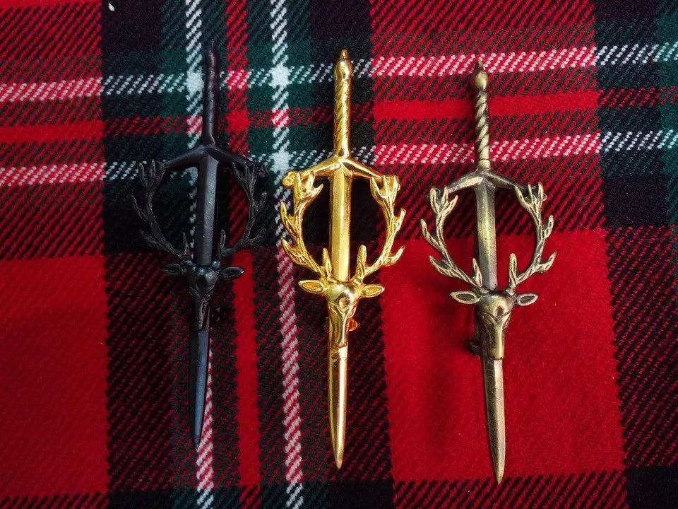 Scottish Stag Head Kilt Pin – 4" Length Antique, Black & Chrome Finish Options