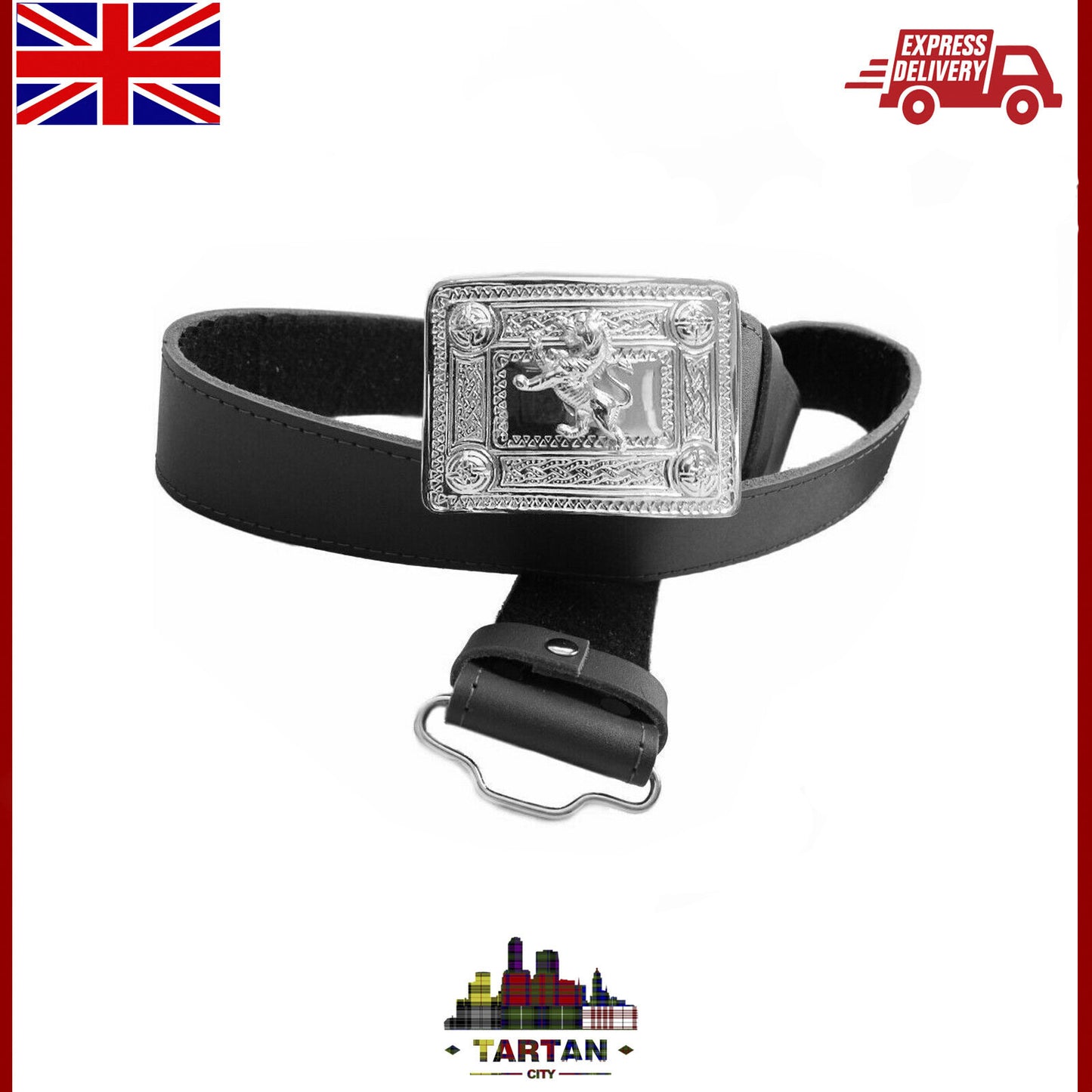 Men Premium Black Leather Kilt Belt – Celtic Thistle & Lion Buckle by Tartancity