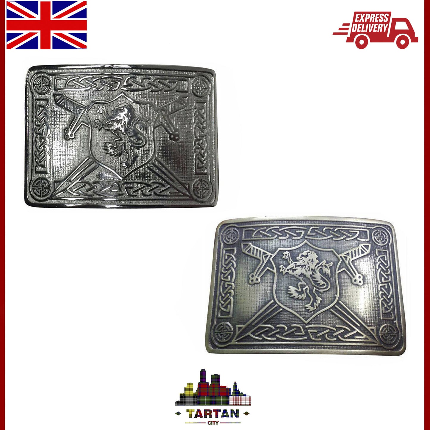 Scottish Kilt Belt Buckle with Rampant Lion - Antique/Chrome Finish - kilt Pin