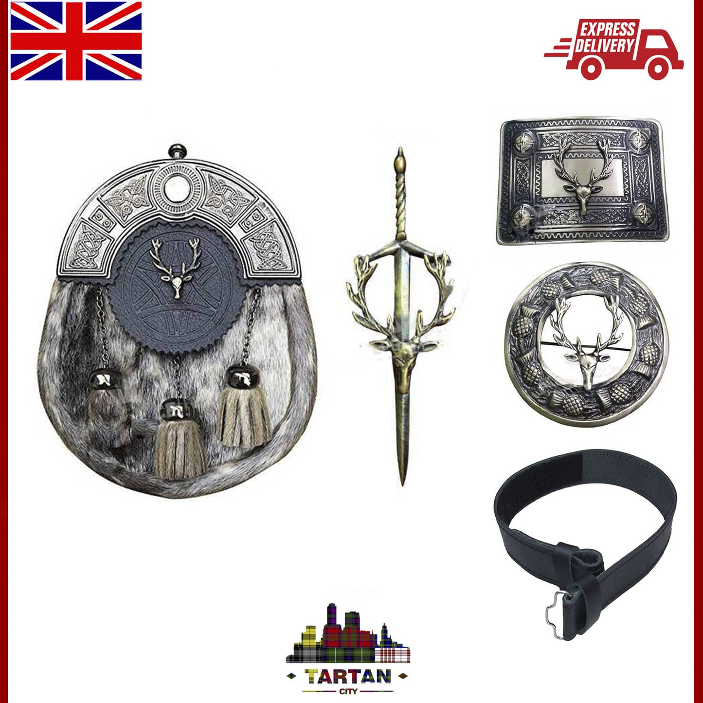 Scottish Kilt Set with Stag Head – 5-Piece Belt, Sporran, Buckle, Pin & Brooch