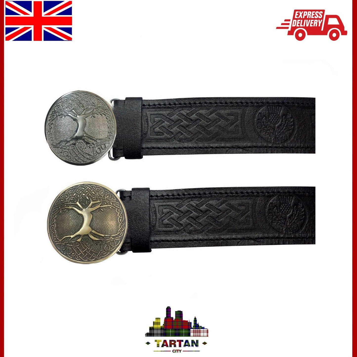 TC Tree of Life Thistle Embossed Scottish Kilt Belt Buckle Leather Belts