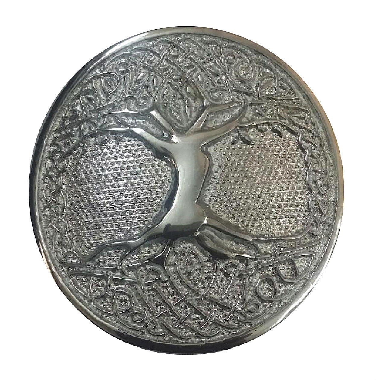 KILT BELT BUCKLE CELTIC TREE OF LIFE CIRCULAR SILVER FINISH/SCOTTISH