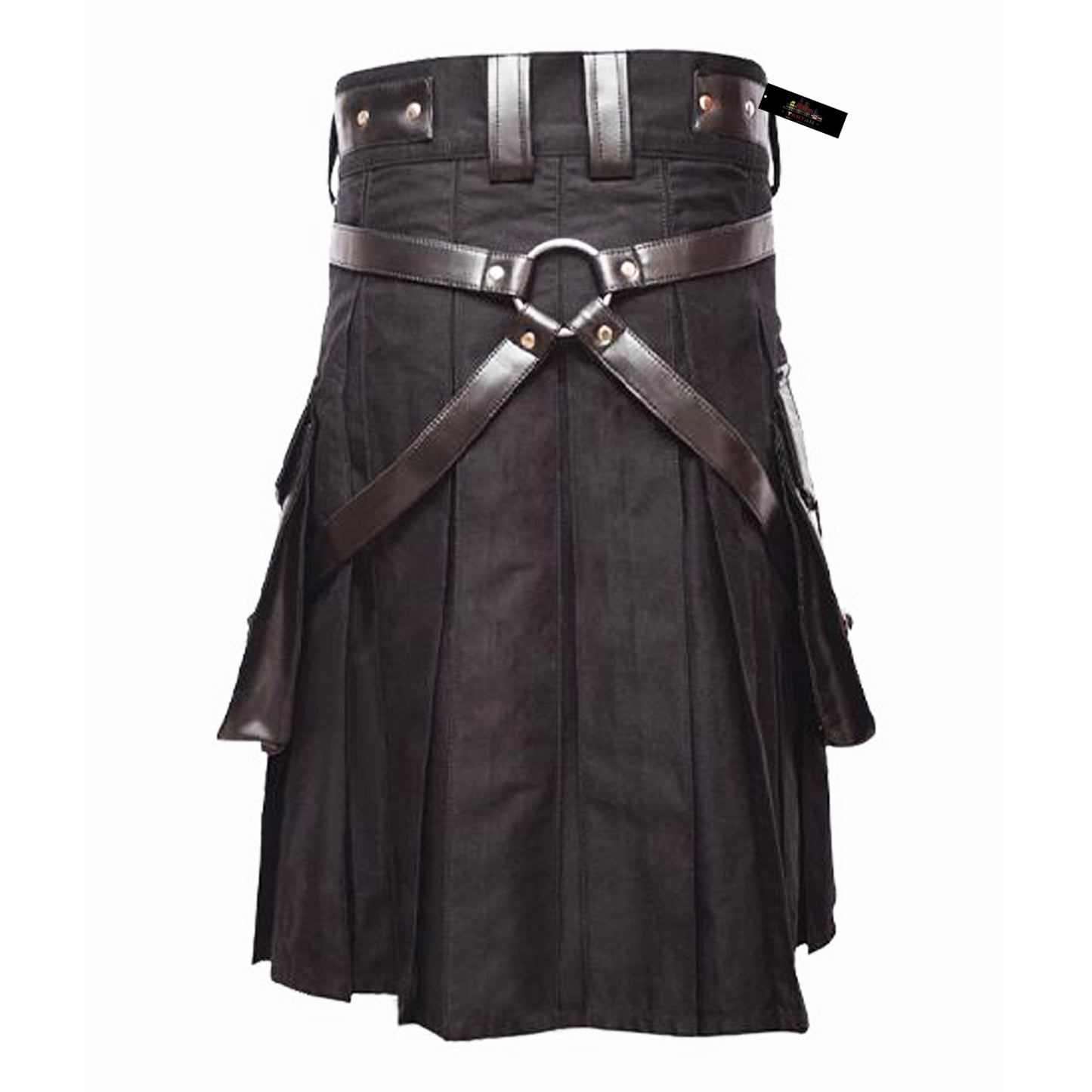 Black Utility Kilt with Leather Straps & Pocket – Classic Strength Meets Modern Edge