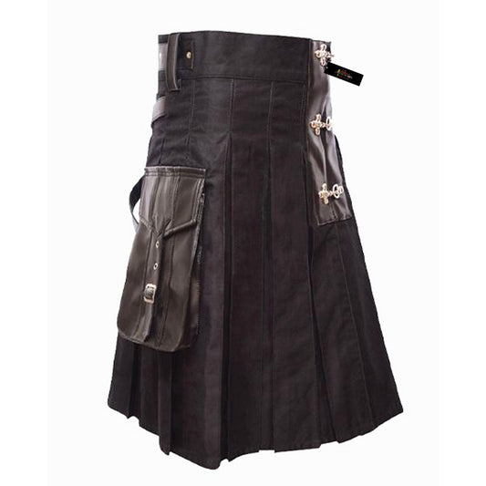 Black Utility Kilt with Leather Straps & Pocket – Classic Strength Meets Modern Edge