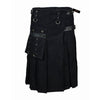 Black Denim Utility Kilt with Zipper & Leather Pockets – Tough, Tactical & Bold