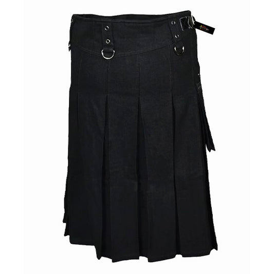 Black Denim Utility Kilt with Zipper & Leather Pockets – Tough, Tactical & Bold