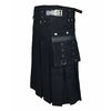 Black Denim Utility Kilt with Zipper & Leather Pockets – Tough, Tactical & Bold