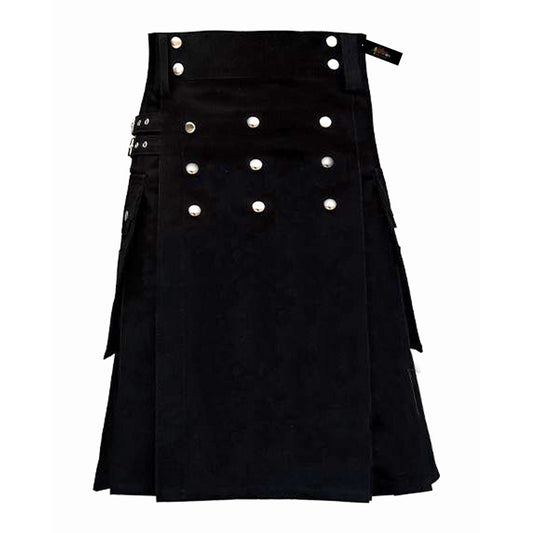 Black Denim Utility Kilt with Zipper & Leather Pockets – Tough, Tactical & Bold
