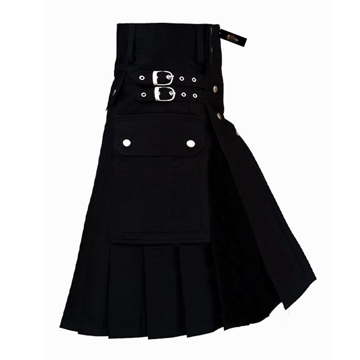 Black Denim Utility Kilt with Zipper & Leather Pockets – Tough, Tactical & Bold
