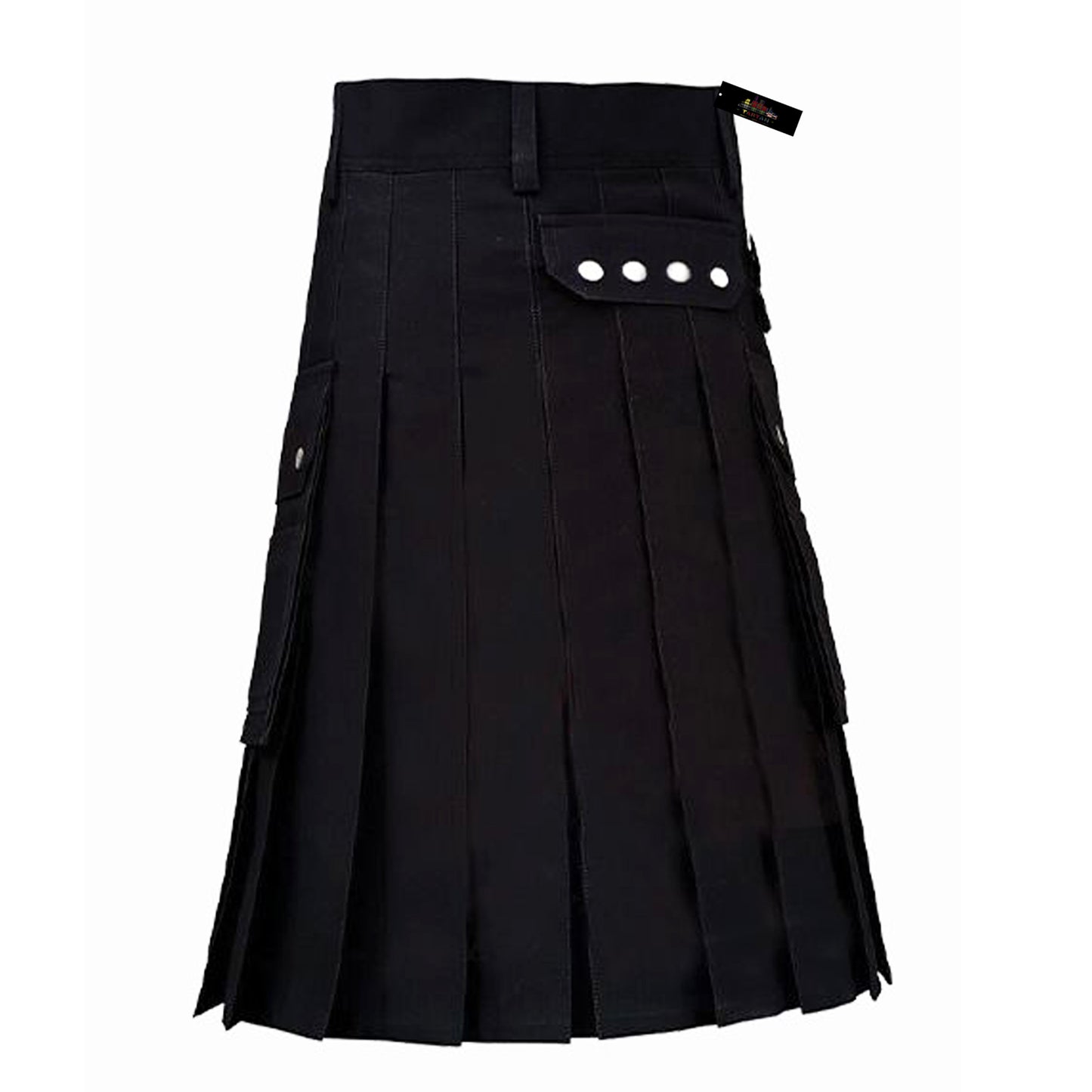 Black Denim Utility Kilt with Zipper & Leather Pockets – Tough, Tactical & Bold