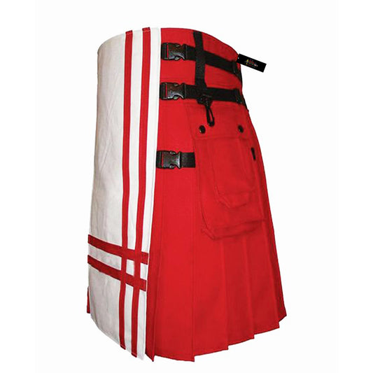 Men’s Red Utility Kilt with White Front – Bold Modern Highland Style