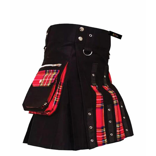 Men's Hybrid Utility Kilt – Black with Red Tartan Highlights