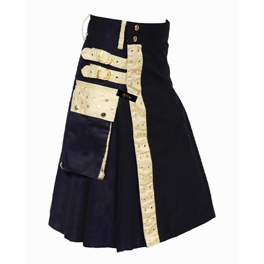 Men’s Black Utility Kilt with Gold Studded Accents – Statement Style with Function